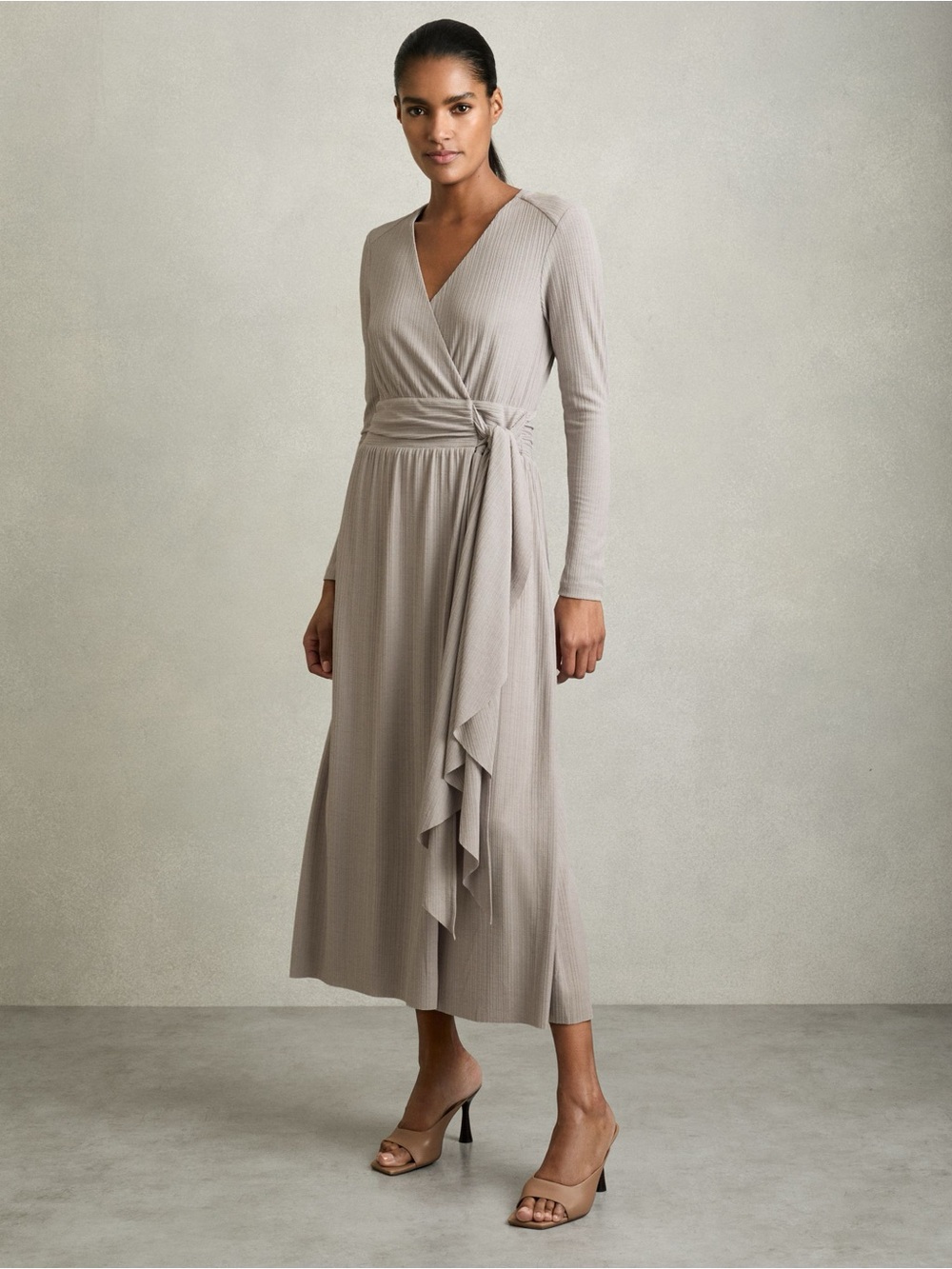NWT REISS Madeline Women 10 Grey Ribbed Jersey Wrap Midi Dress Tie Waist